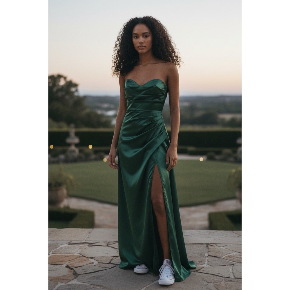 Blondie Nites Green Strapless Satin Formal Dress Slit Prom Size 5